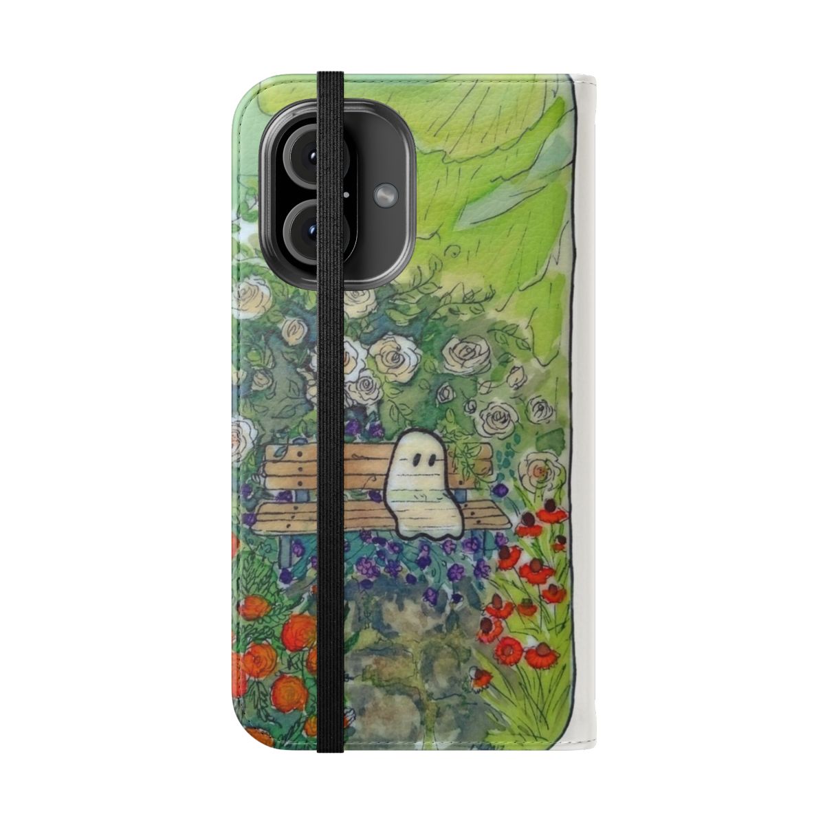 Ethereal phone case with watercolor floral and ghost design - Folded Front