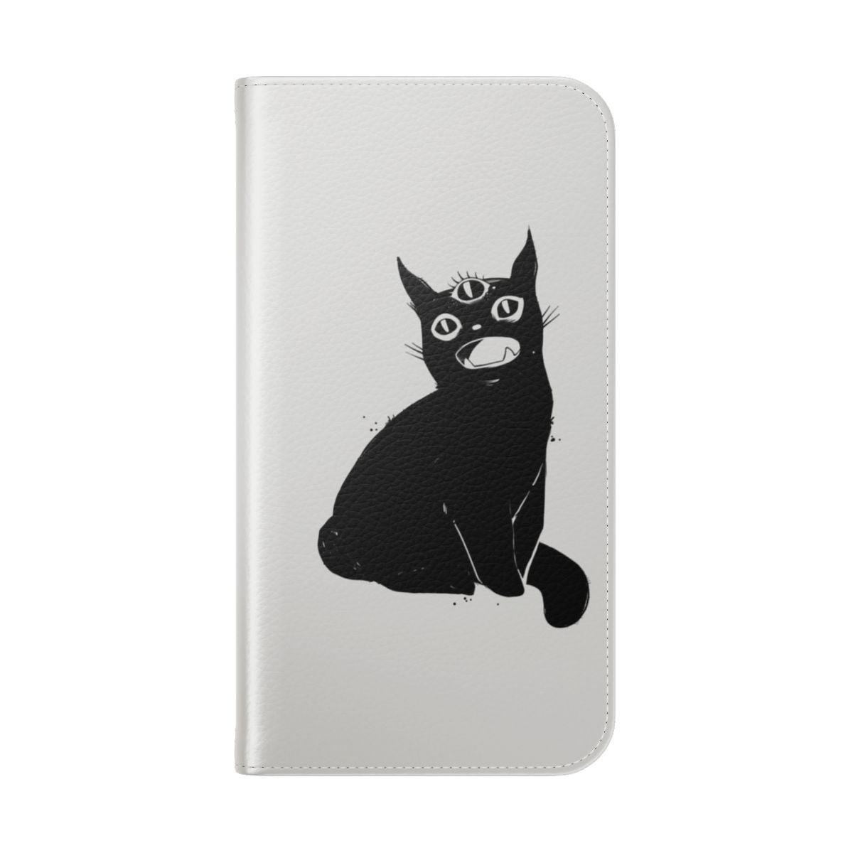 A unique phone case featuring a black cat with a third eye, in a gothic, occult style. - Folded Back