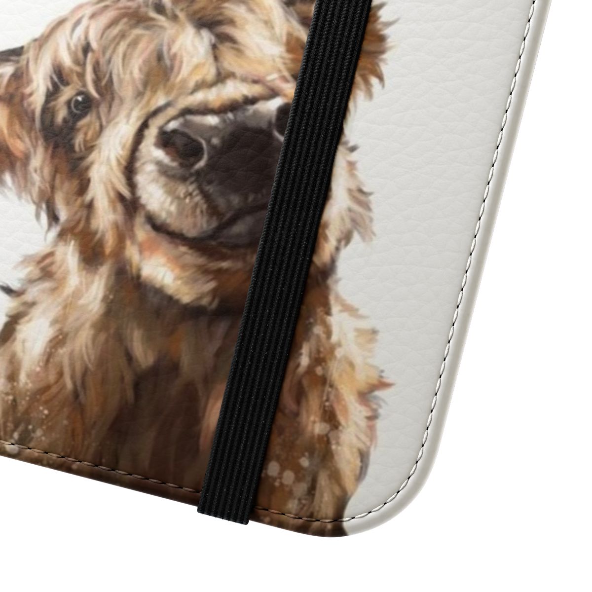 Flip cover phone case with a highland cow design - Close Up