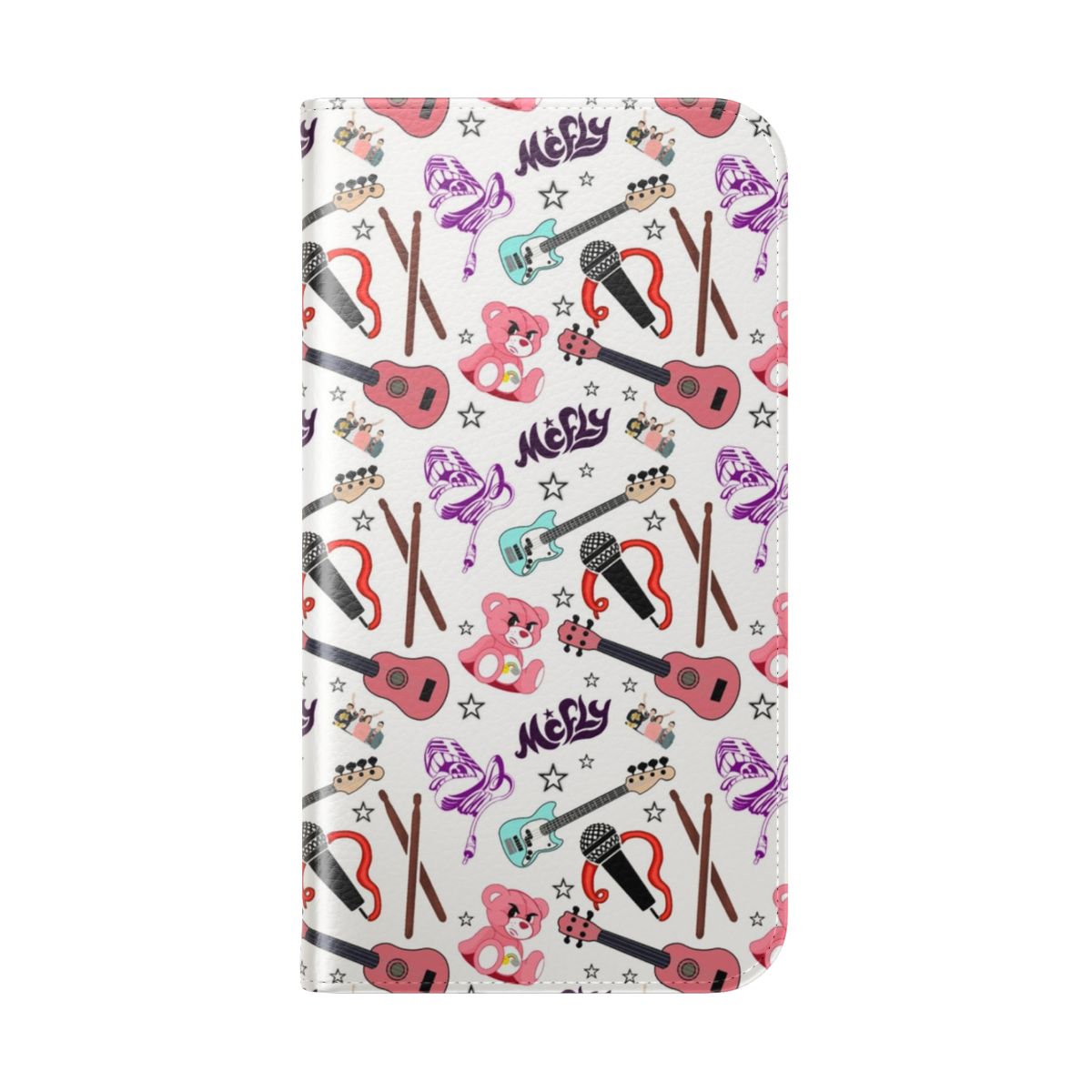 A customizable flip phone case with a repeating pattern design inspired by the 2000s pop band Mcfly. - Folded Back