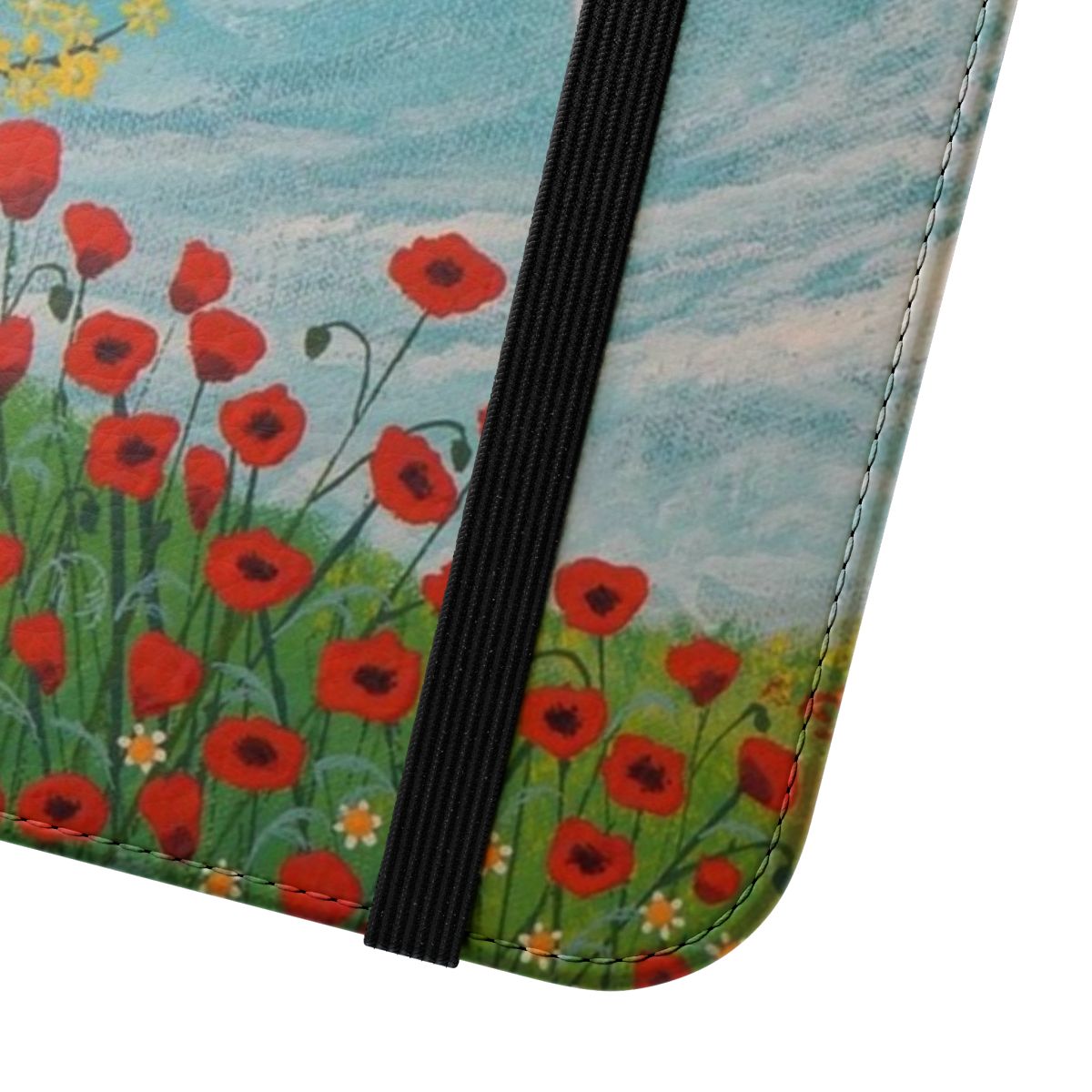 Coastal phone case with floral design featuring poppies and seascapes - Close Up