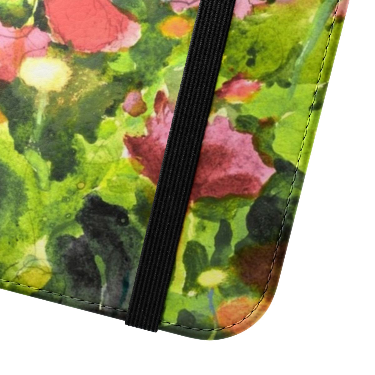 Colorful phone case with a vibrant floral garden design - Close Up