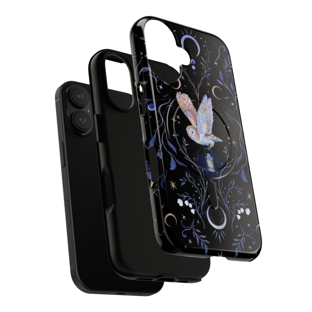 Whimsical phone case featuring a detailed illustration of an owl perched on a crescent moon against a starry night sky backdrop. - Layers