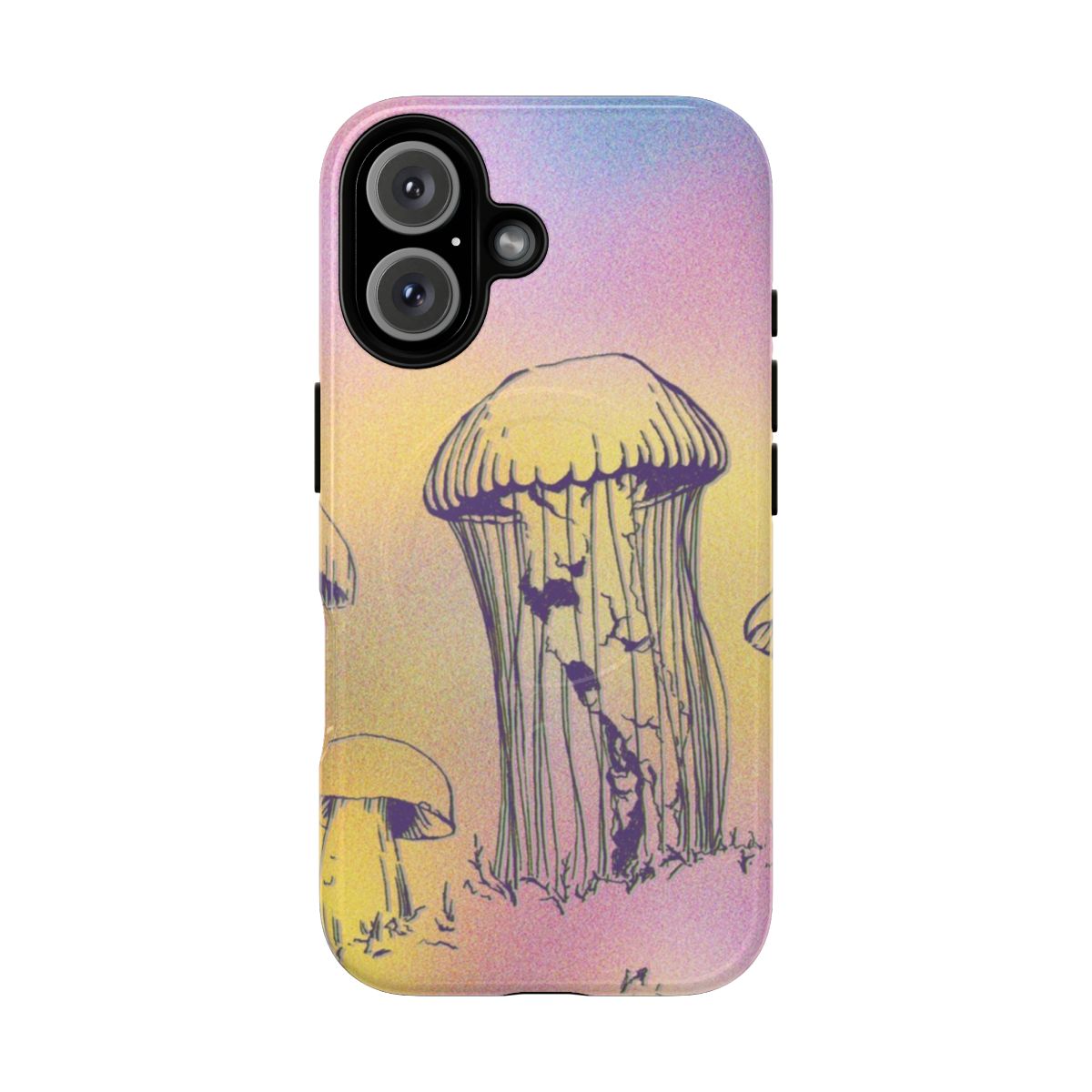 Vibrant and surreal phone case design featuring a jellyfish among colorful mushrooms and psychedelic patterns.