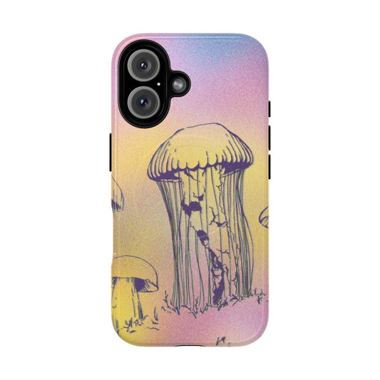 Vibrant and surreal phone case design featuring a jellyfish among colorful mushrooms and psychedelic patterns.