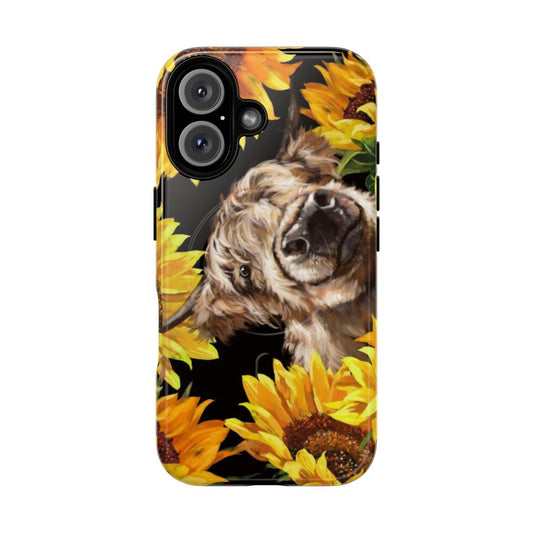 Magnetic tough phone case featuring a cute highland cow in a sunflower garden design