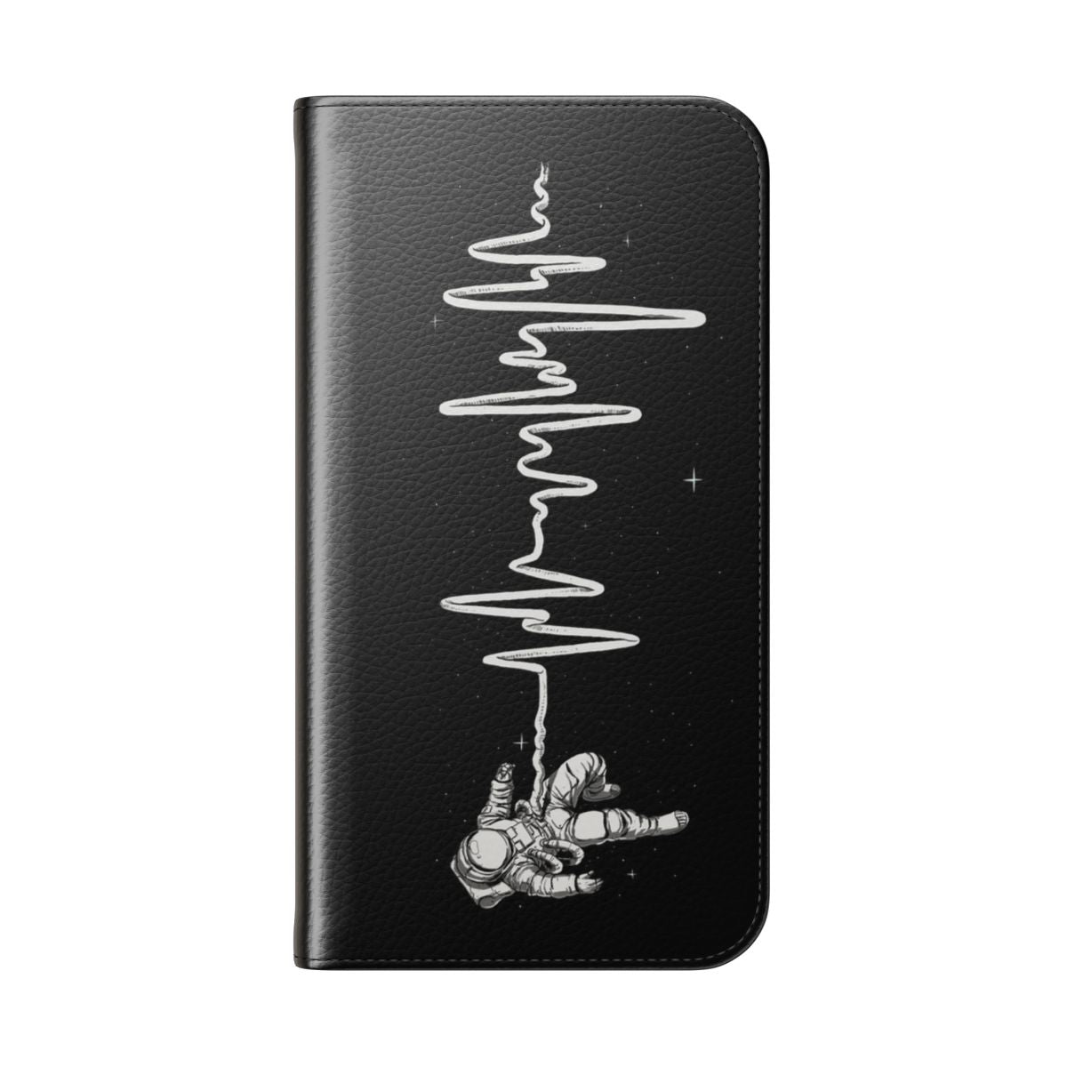 Space-themed phone case with abstract black and white design resembling a heartbeat or ECG - Folded Back