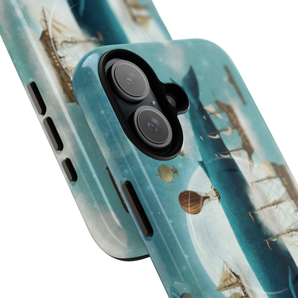 Artistic phone case with a whimsical ocean and sky scene featuring whales and ships - Detail