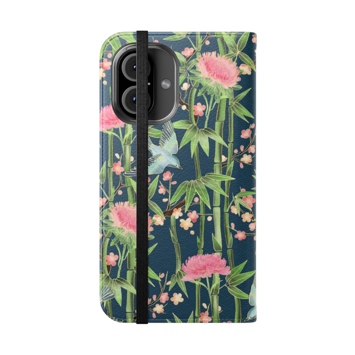 A dark teal flip phone case featuring a beautiful pattern of bamboo, birds, and blossoms. - Folded Front