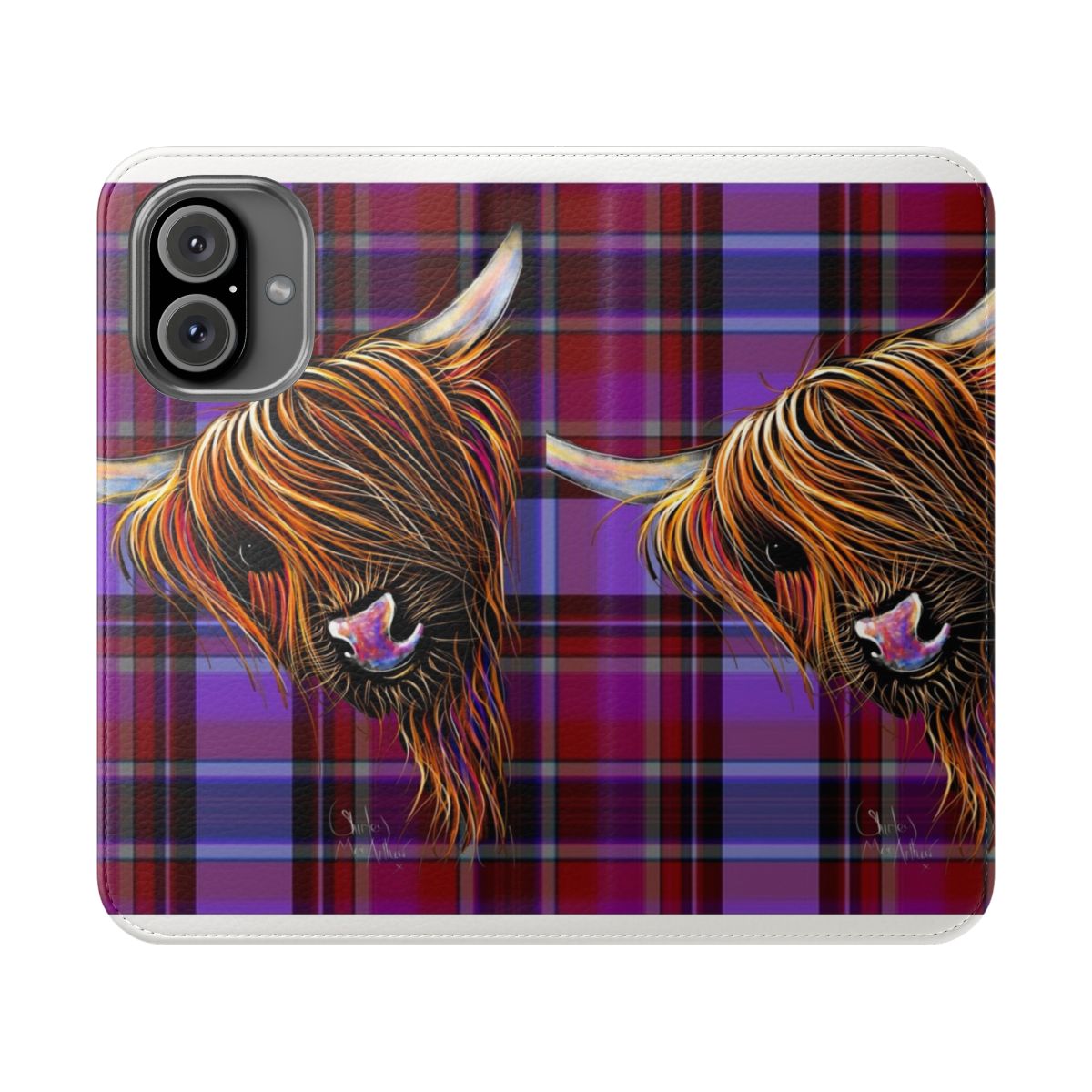 A colorful phone case featuring a friendly highland cow in a traditional tartan pattern