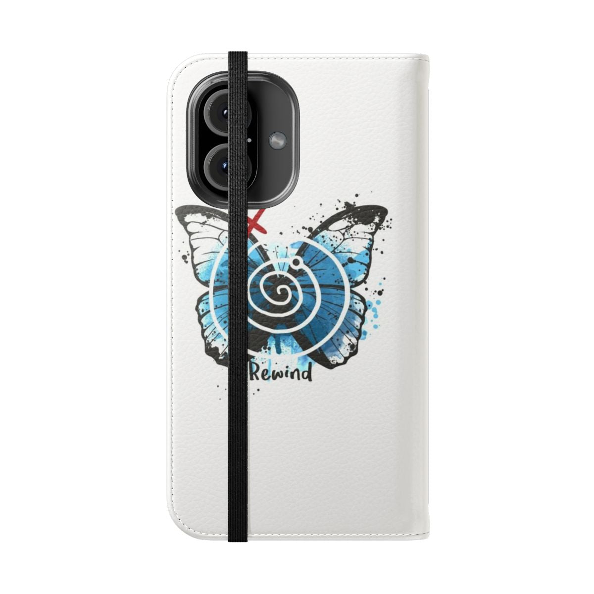 "Flip cover phone case inspired by the video game Life Is Strange, featuring elements like the butterfly logo and chaos theory." - Folded Front