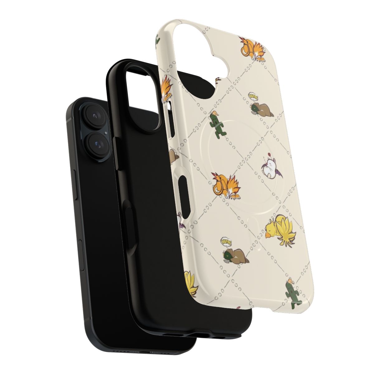 Cute sleeping fantasy creatures like chocobo, tonberry, cactuar, and moogle on a magnetic phone case - Layers