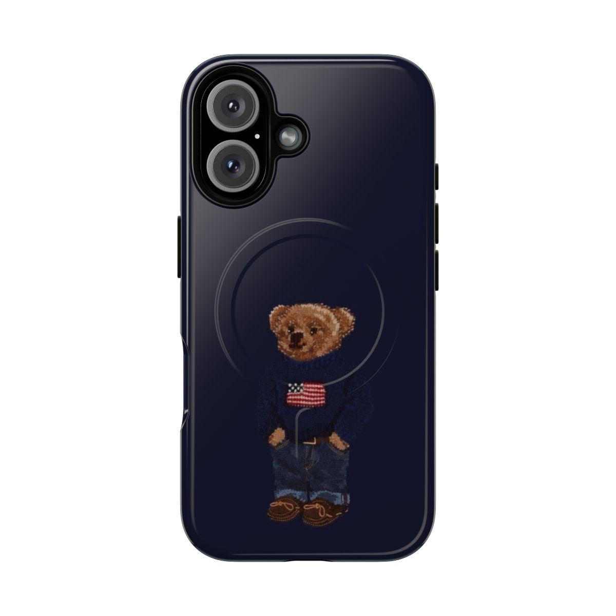 A stylish magnetic tough phone case featuring a graphic of a trendy bear design.