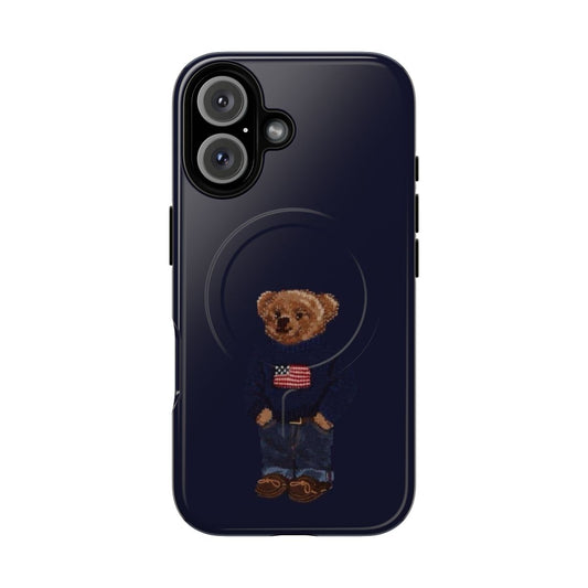 A stylish magnetic tough phone case featuring a graphic of a trendy bear design.