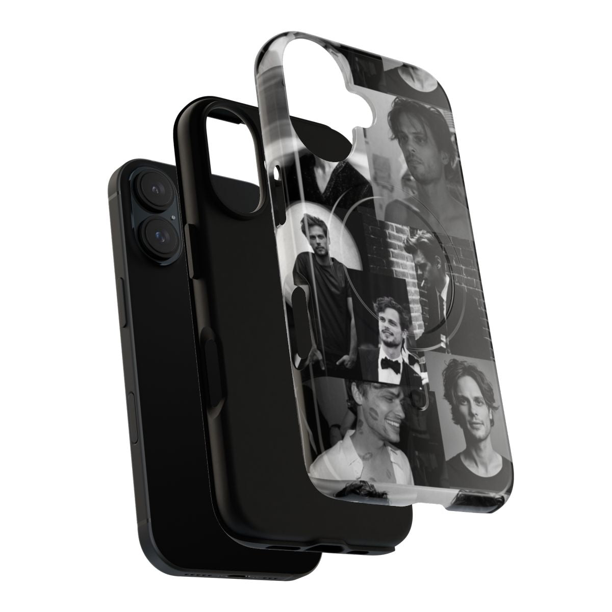 A black and white phone case featuring an illustration of actor Matthew Gray Gubler, known for his role as Spencer Reid on the TV show Criminal Minds. - Layers