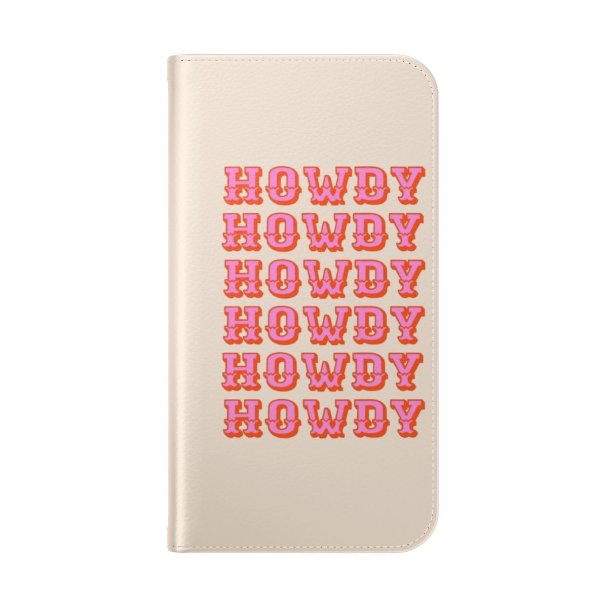 Flip cover phone case with a western-inspired, "howdy" design - Folded Back