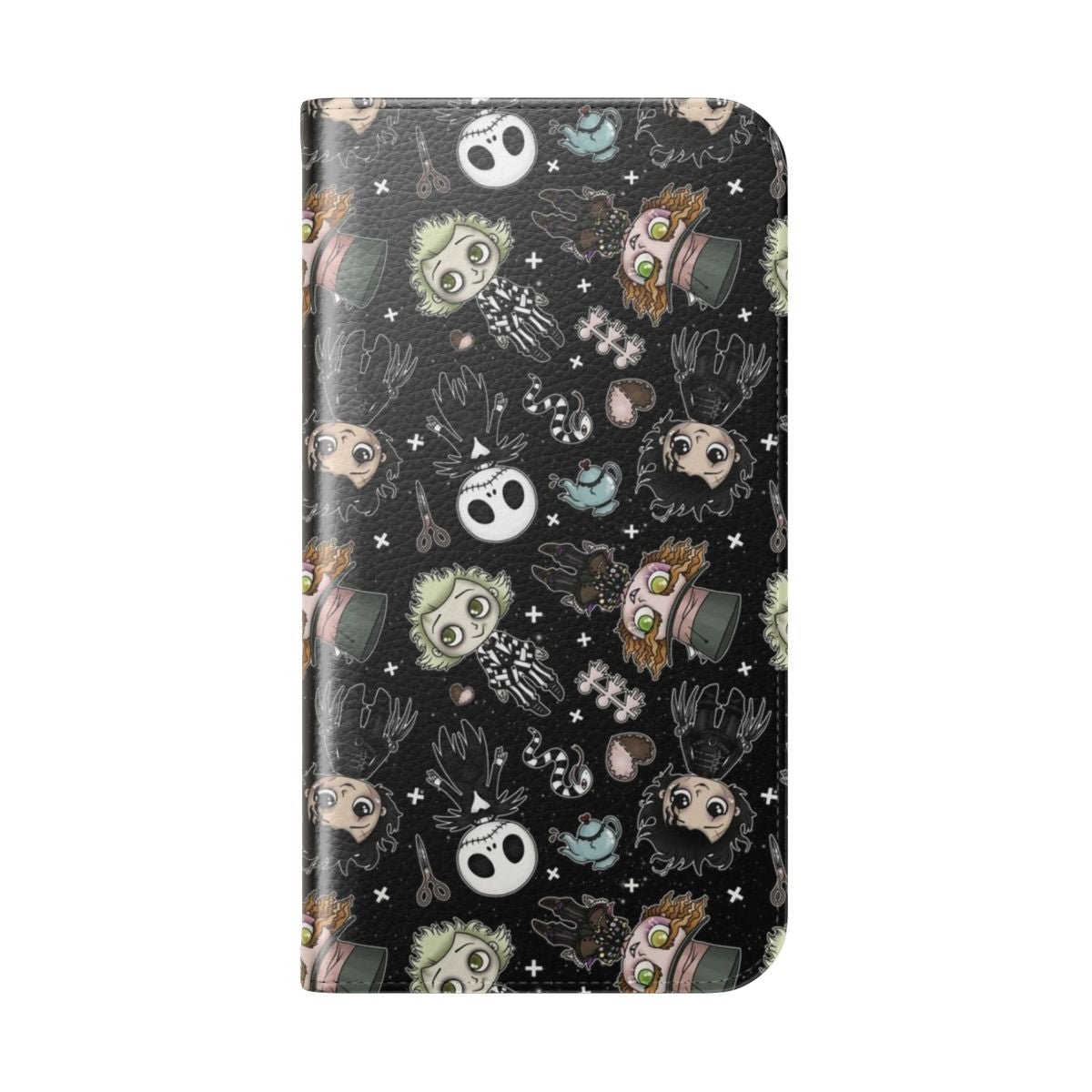 A sleek black flip cover phone case featuring gothic and Tim Burton-inspired designs. - Folded Back