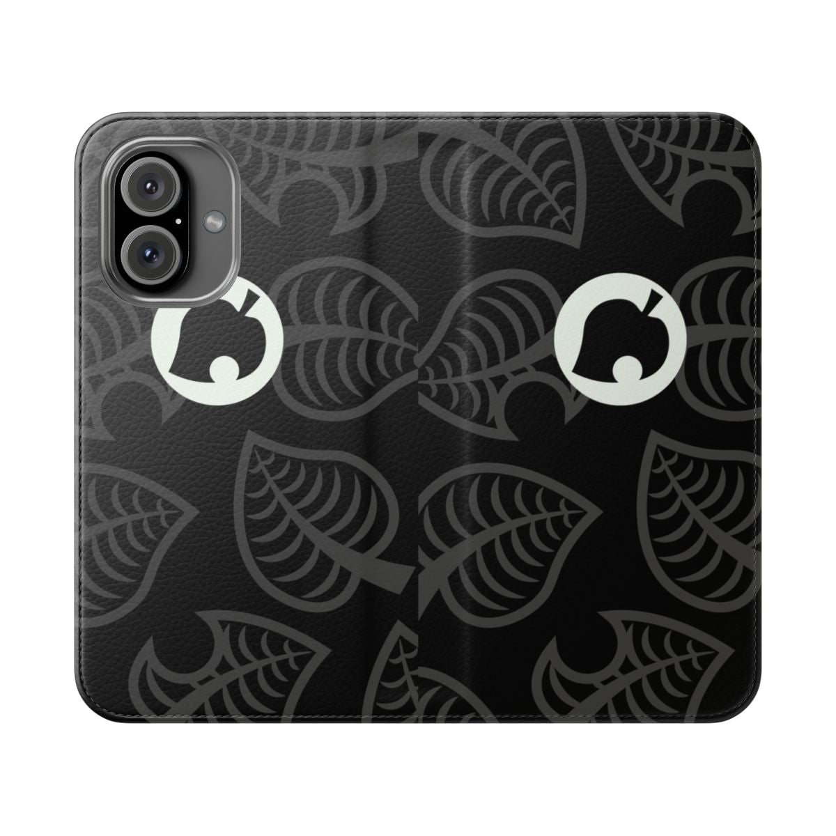 Black phone case with a design inspired by the Nook Phone from the Animal Crossing video game series