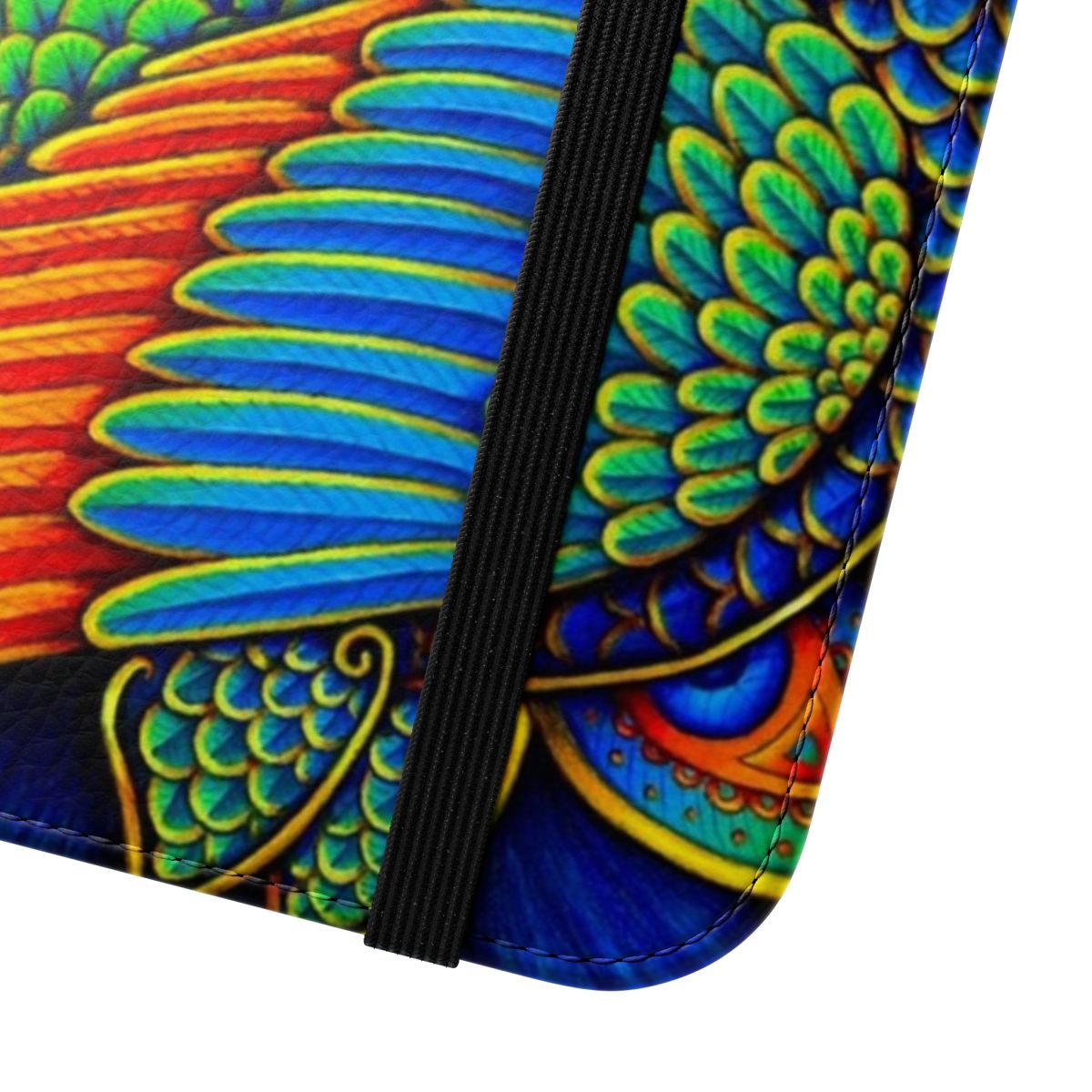 Colorful phone case with a stylized paisley peacock design in shades of blue, green, pink, and purple. - Close Up