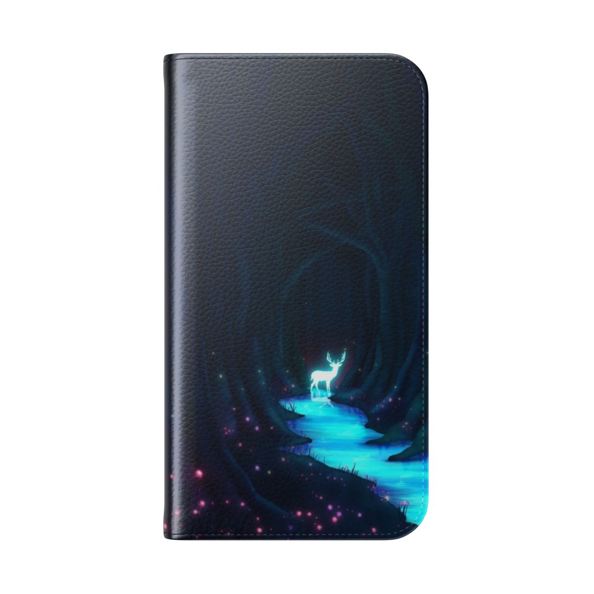 Glowing river and deer silhouette in a fantasy landscape phone case design - Folded Back