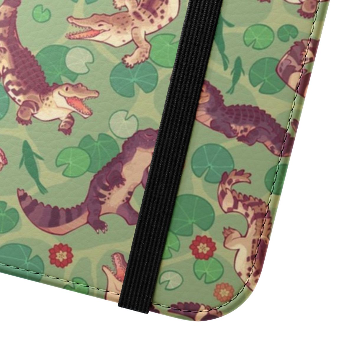 A vibrant flip cover phone case featuring a detailed pattern of crocodiles, alligators, and other reptiles in a lush, swampy environment. - Close Up