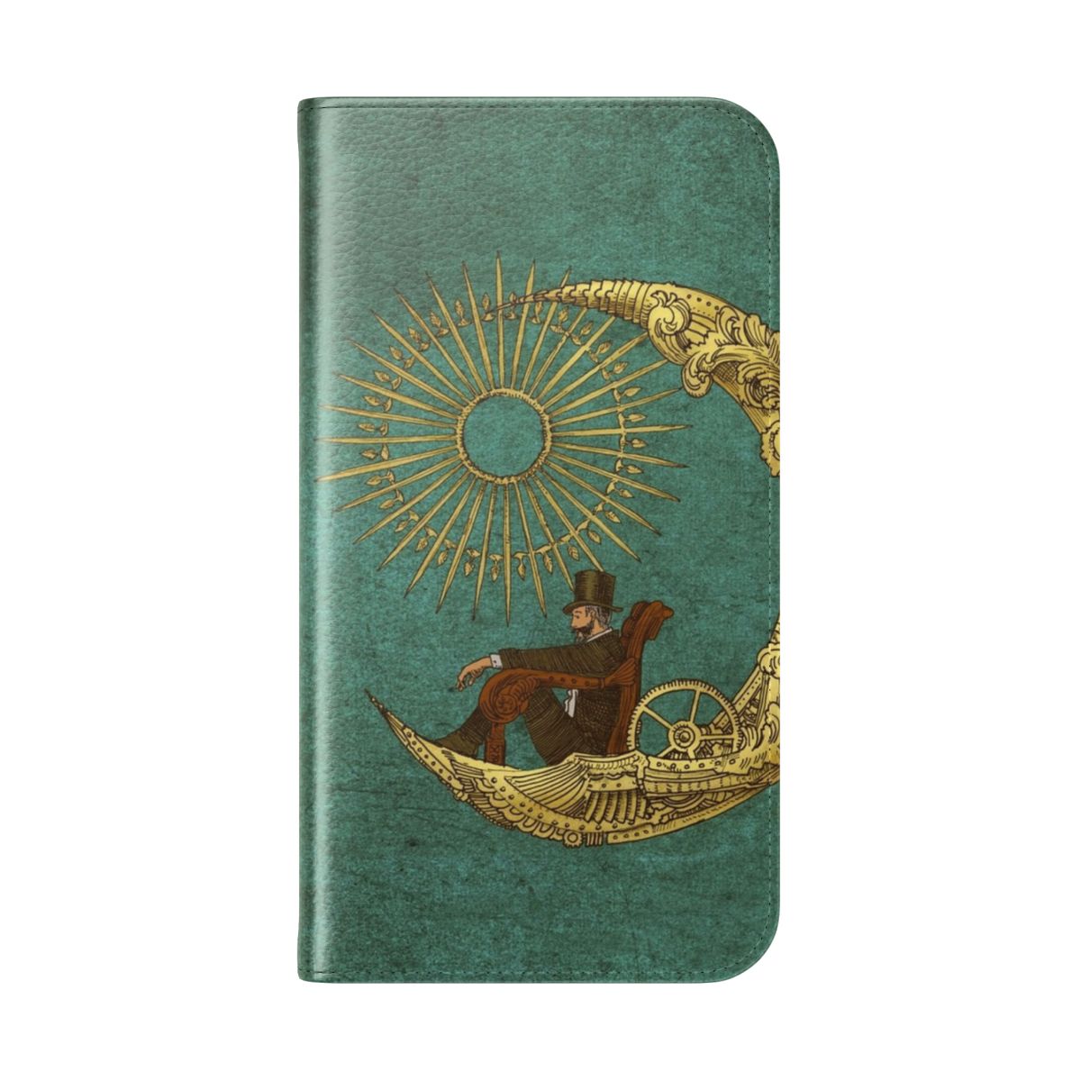 Whimsical digital illustration of a moon and steampunk-inspired flip phone case - Folded Back