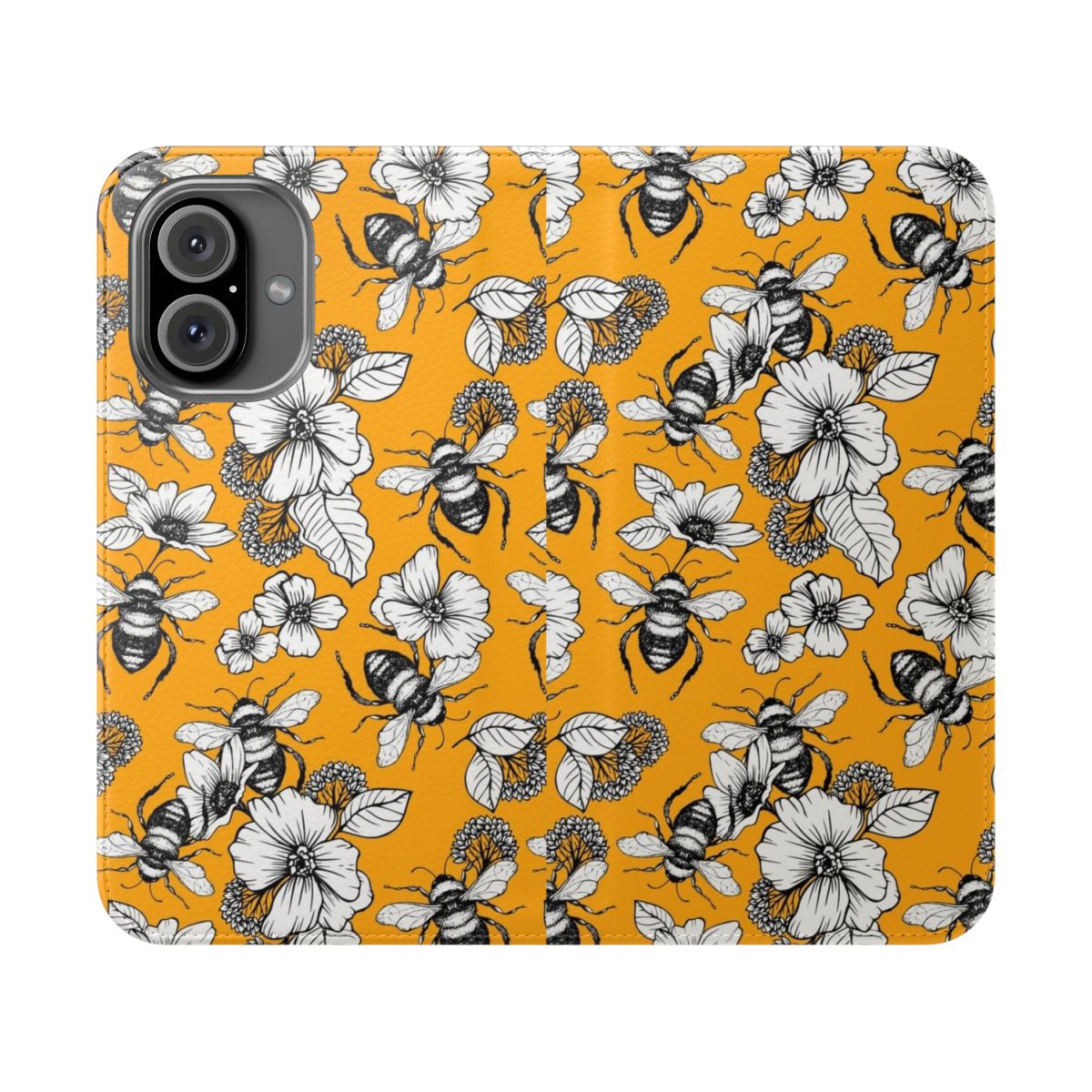 Vintage-style phone case featuring a hand-drawn seamless honey bee and floral pattern in shades of yellow and orange.