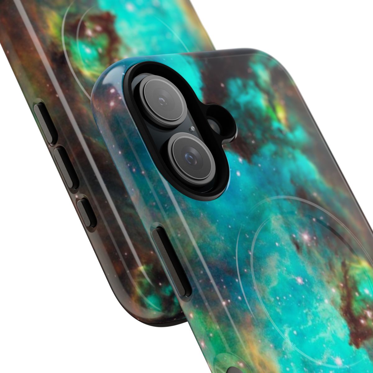 A vibrant green galaxy nebula design on a protective smartphone case. - Detail