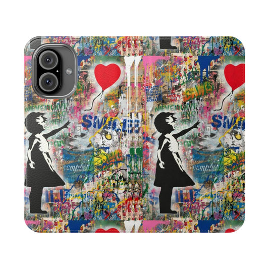 Artistic flip phone case with a mashup of urban contemporary street art styles, including stencil, spray paint and iconic imagery.