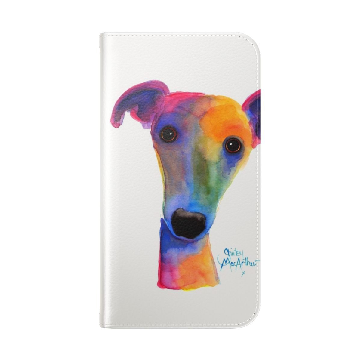 Whippet and greyhound print phone case featuring a watercolor floral 'pansy' design - Folded Back