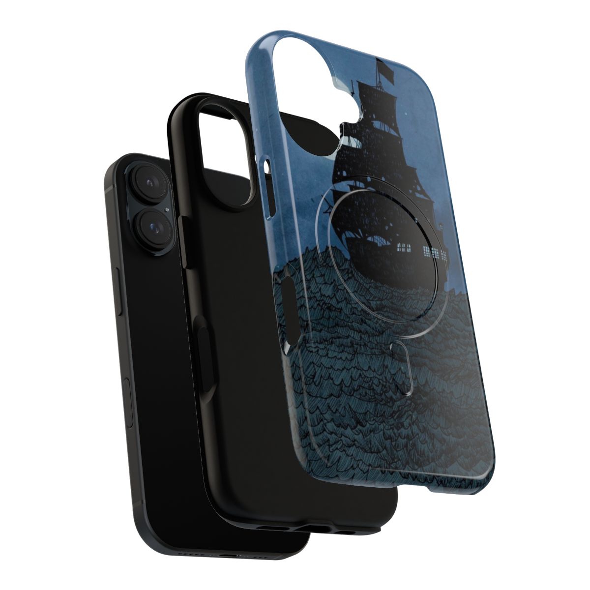 Tough phone case featuring a hand-drawn illustration of a pirate ship sailing under the moon on a calm, blue sea. - Layers