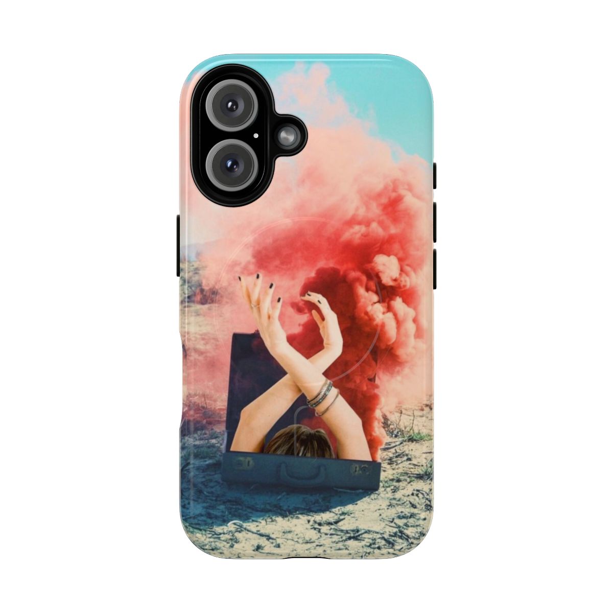 Adventurous magnetic tough phone case featuring surreal, collage-style art with bohemian, wanderlust-inspired design