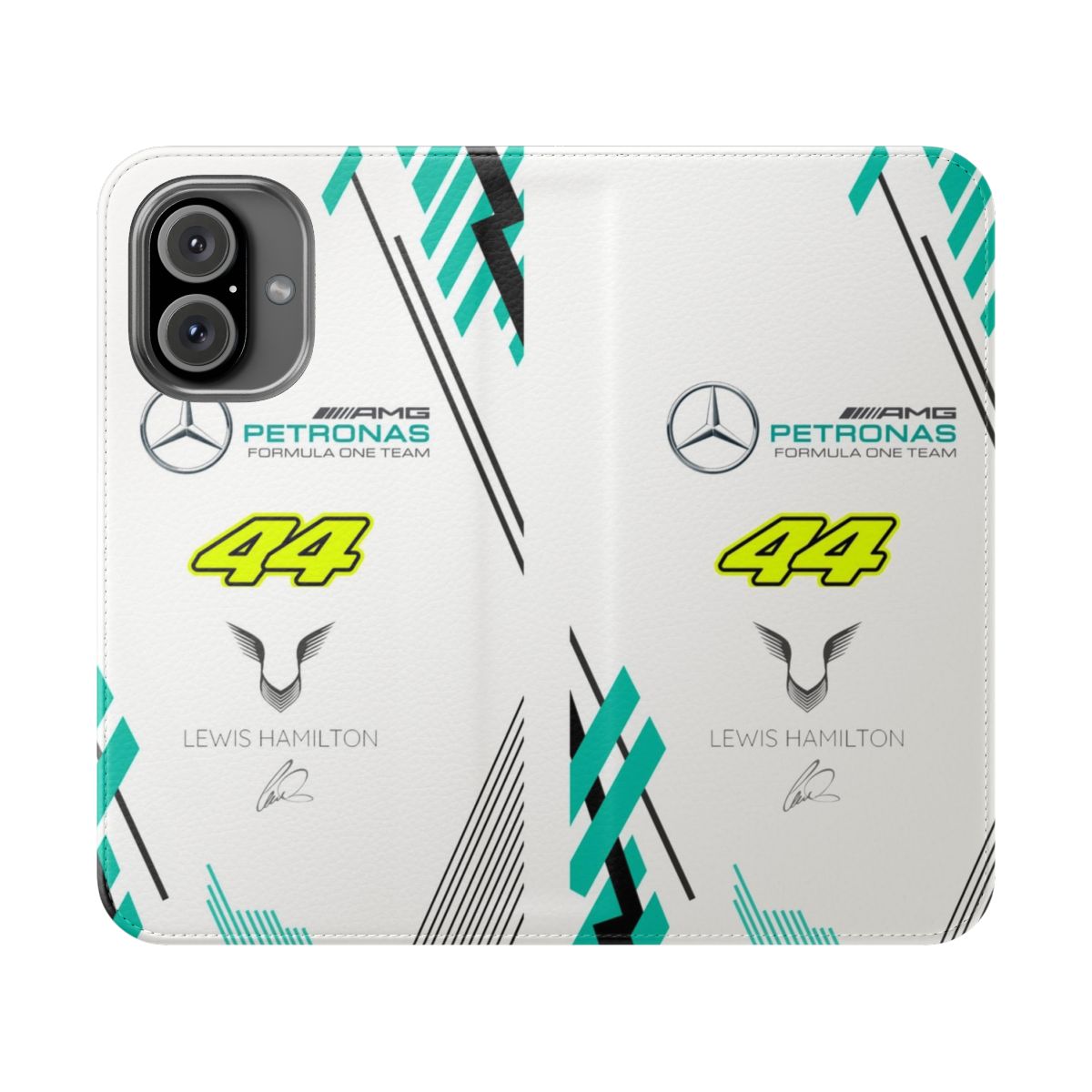 Sleek white flip phone case with a stylish Formula 1 inspired design featuring Lewis Hamilton's iconic #44.