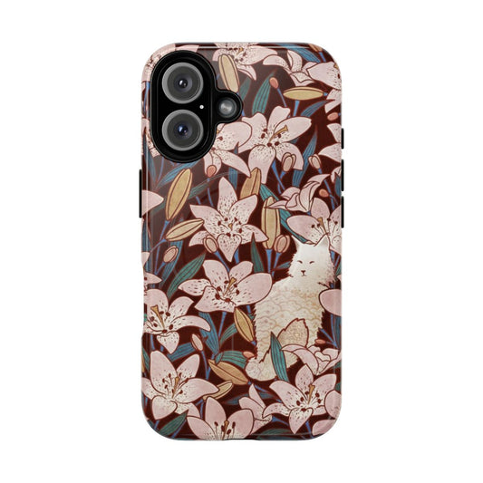 A vibrant and elegant phone case featuring a pastel floral design with a cat, perfect for nature and pet lovers.