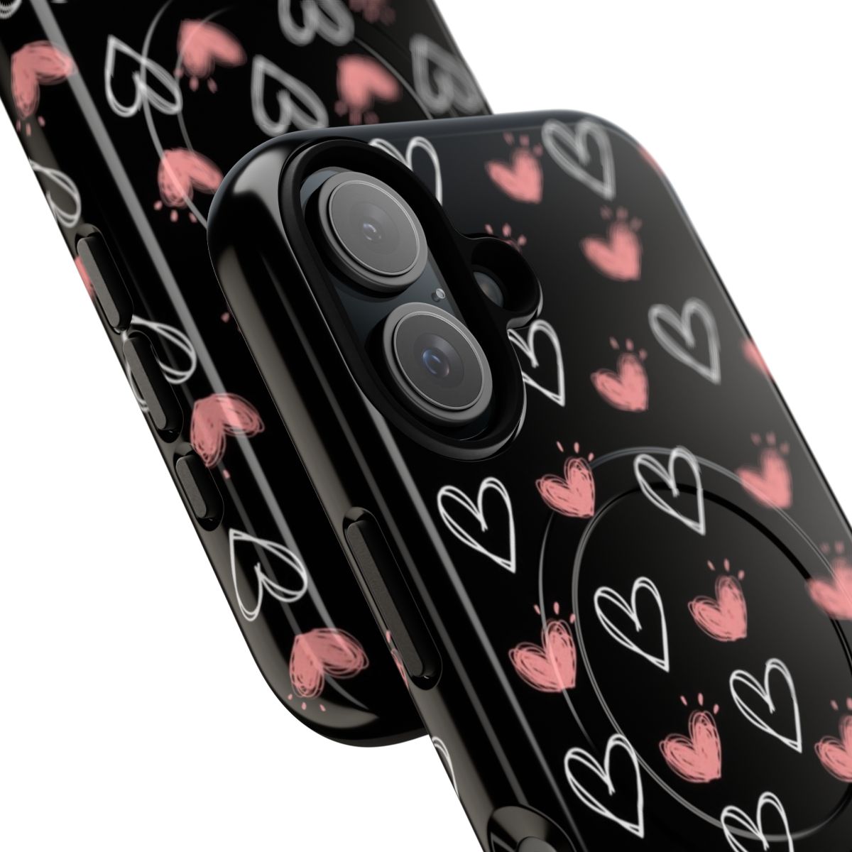 Waves of pink and black hearts graphic design on a tough, magnetic phone case - Detail