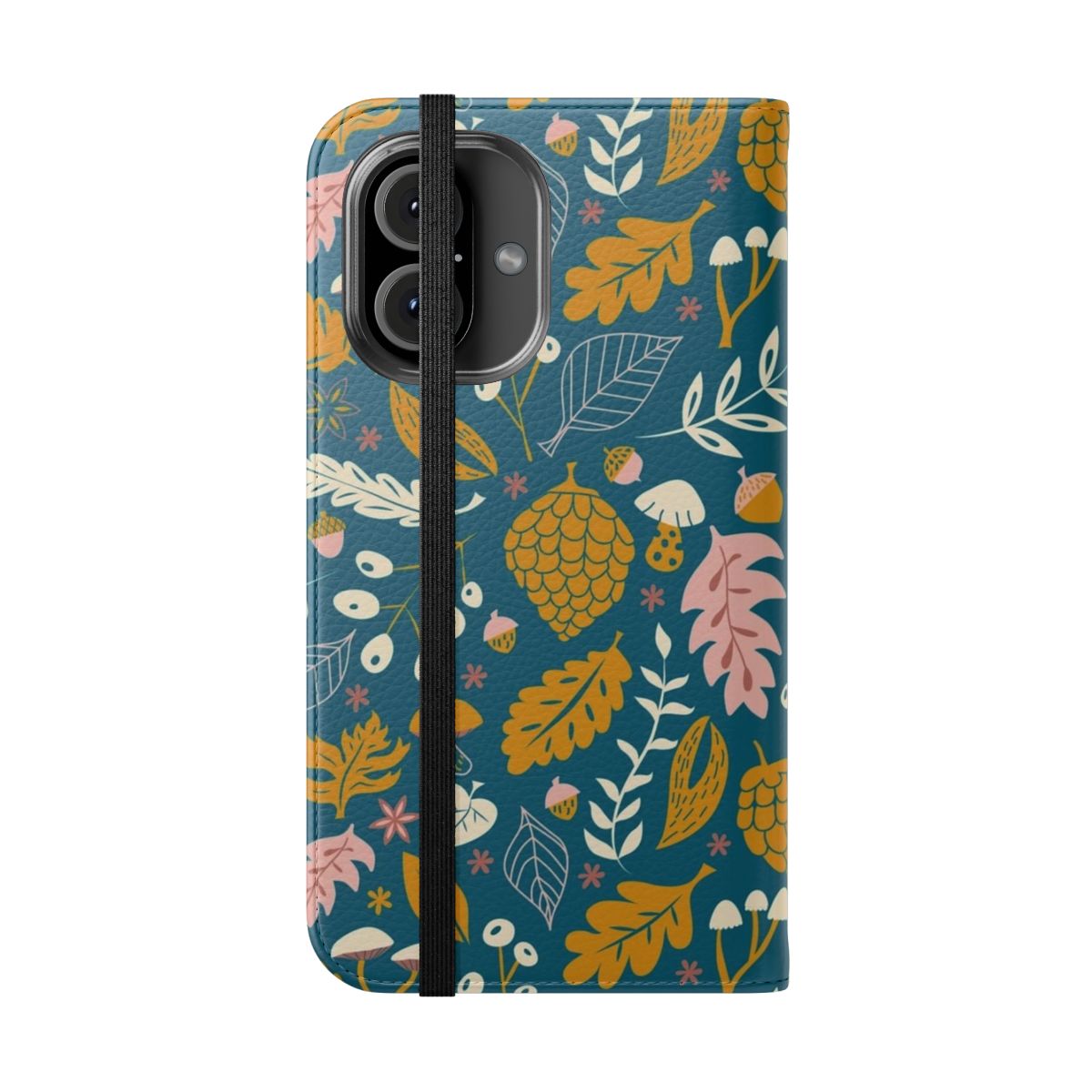 Closeup of a flip cover phone case with a fall foliage design in gold and blue colors. - Folded Front