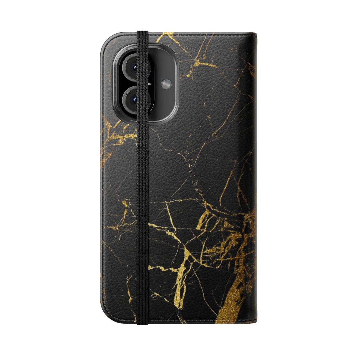 A sleek and stylish phone case featuring a luxurious marble texture with gold glitter highlights. - Folded Front