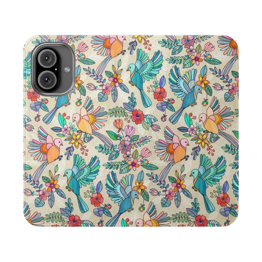 A whimsical summer-themed flip phone case featuring a pattern of birds, flowers, and linework in shades of blue, pink, and cream.