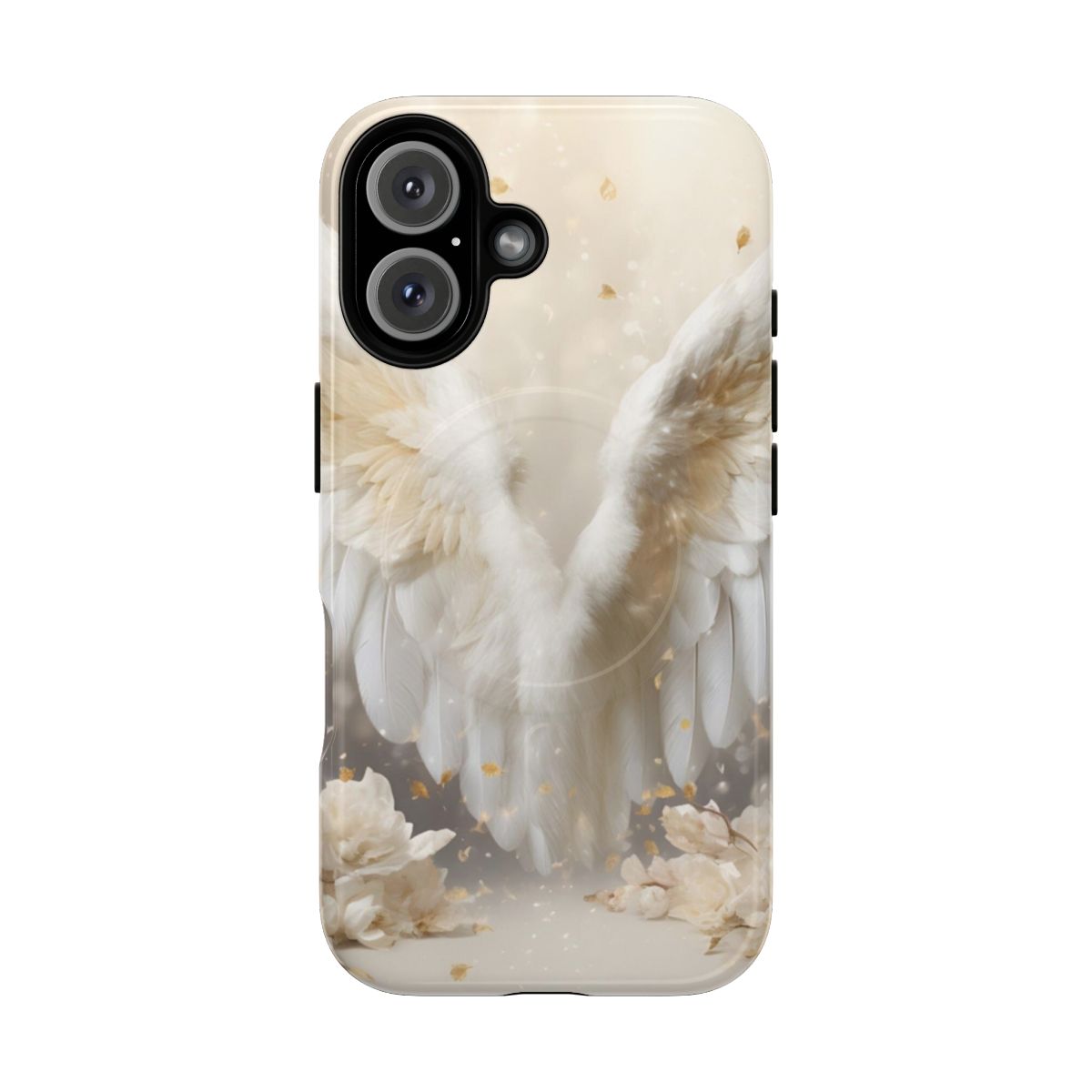 Stunning phone case featuring angelic wings and white roses design