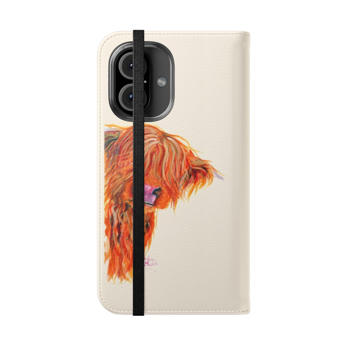 Vibrant illustration of a curious, ginger-haired highland cow peeking out from a flip phone case design - Folded Front