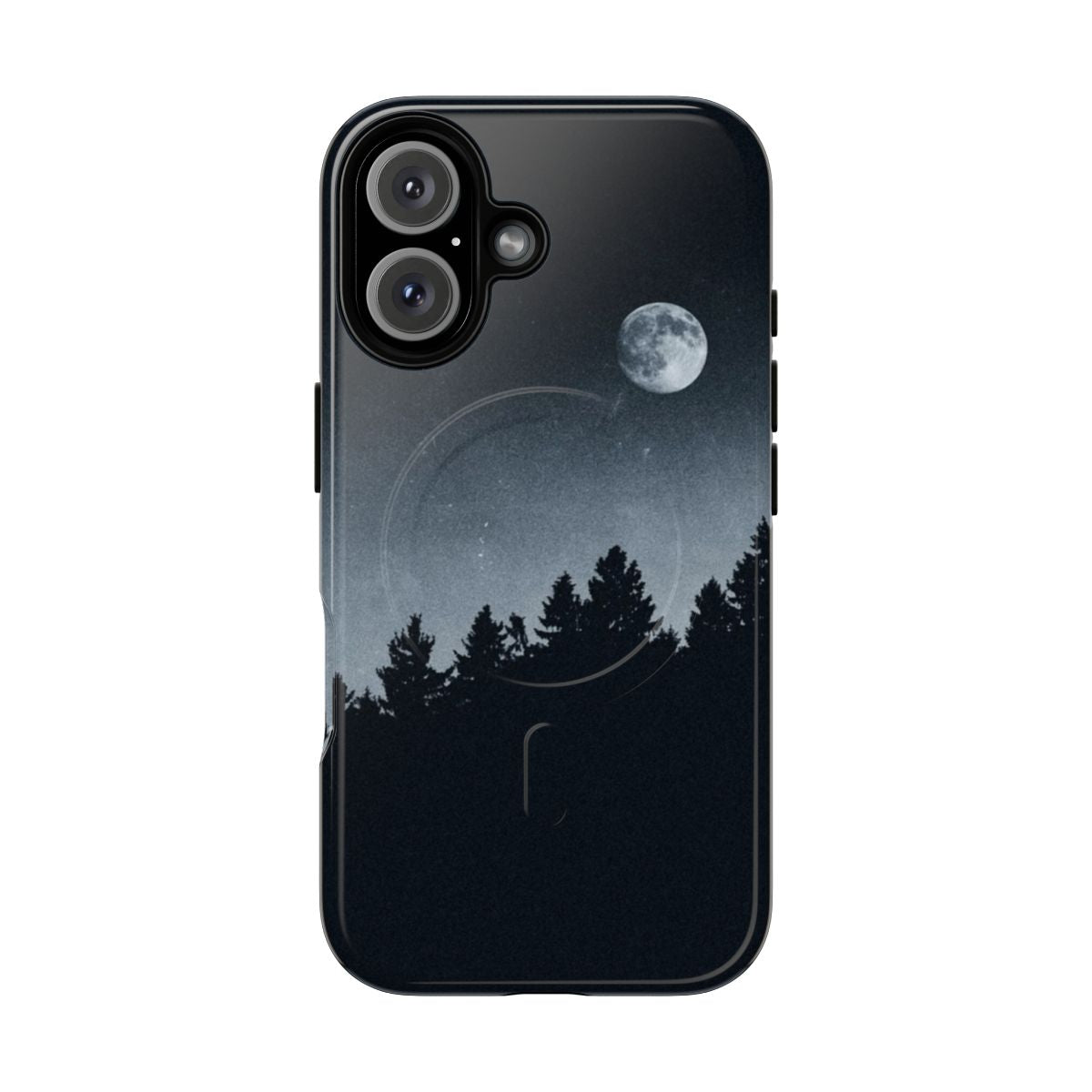 Magnetic phone case featuring a dark forest scene with trees, night sky, and moonlight