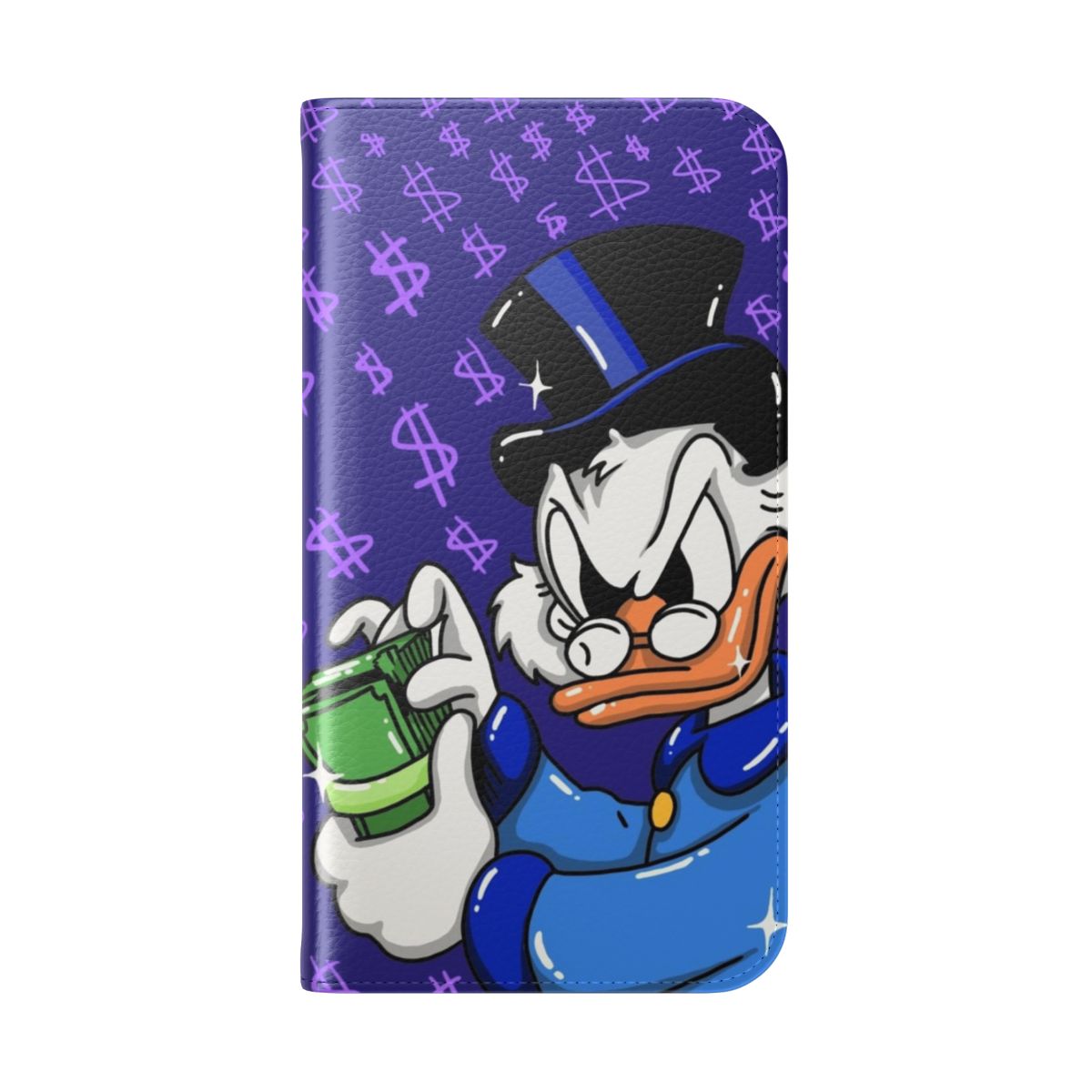 Vintage-style flip cover phone case featuring Scrooge McDuck character design by artist Eva Kiseleva - Folded Back