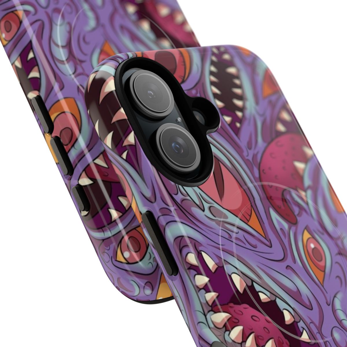 Magnetic phone case with a Lovecraftian-inspired design featuring a mysterious creature with eyes, mouth, and fangs on a textured, purple background. - Detail