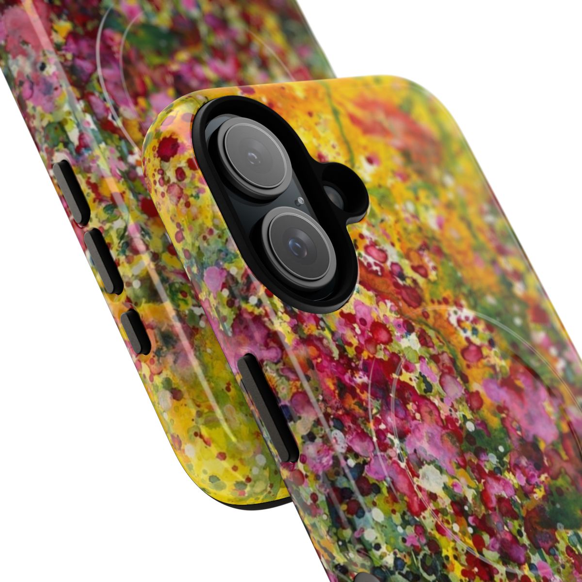 Close-up of a vibrant floral phone case with delicate botanical designs. - Detail