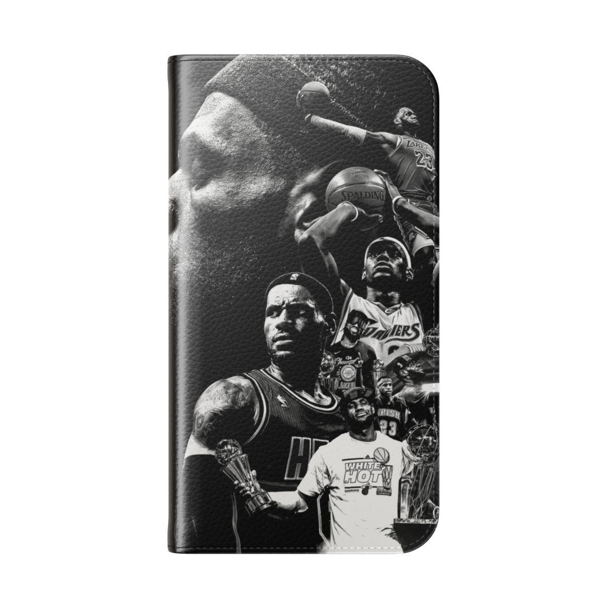 Basketball-themed flip cover phone case design featuring LeBron James, the 4-time NBA champion. - Folded Back