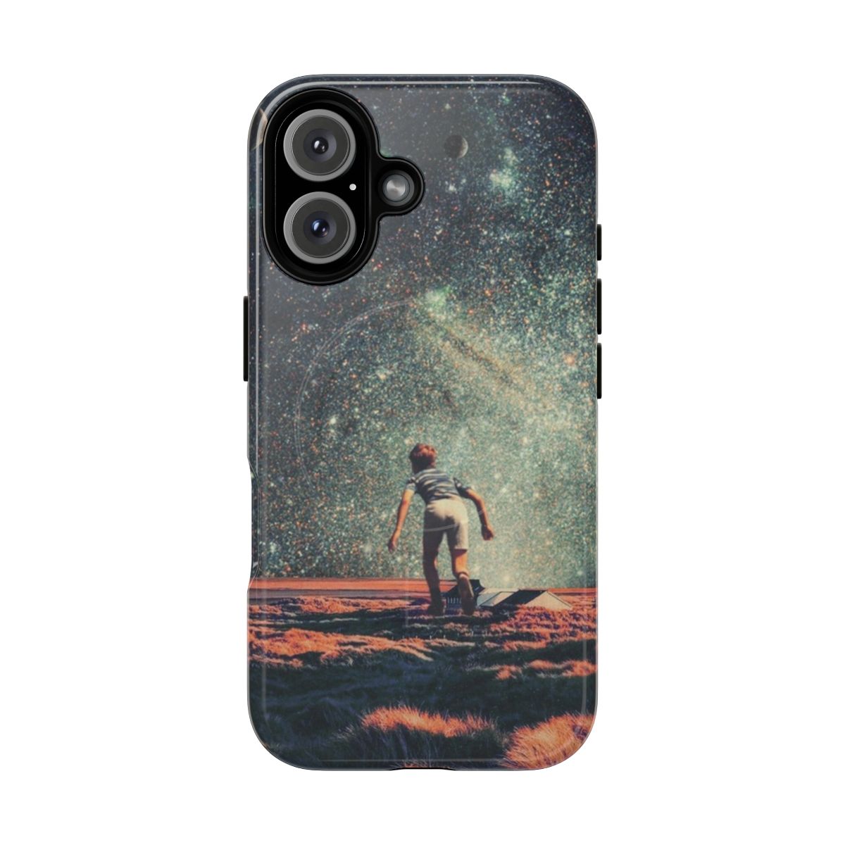 A colorful and nostalgic phone case with a cosmic, space-themed graphic design.