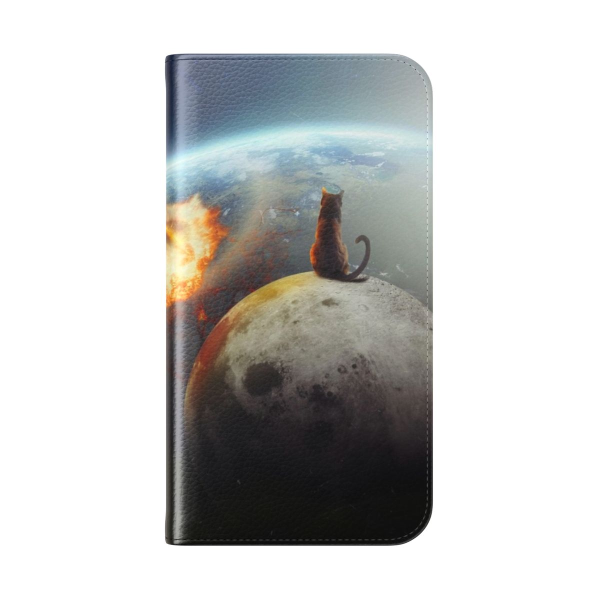 Artistic flip phone case featuring a cat design with a vintage, otherworldly aesthetic. - Folded Back