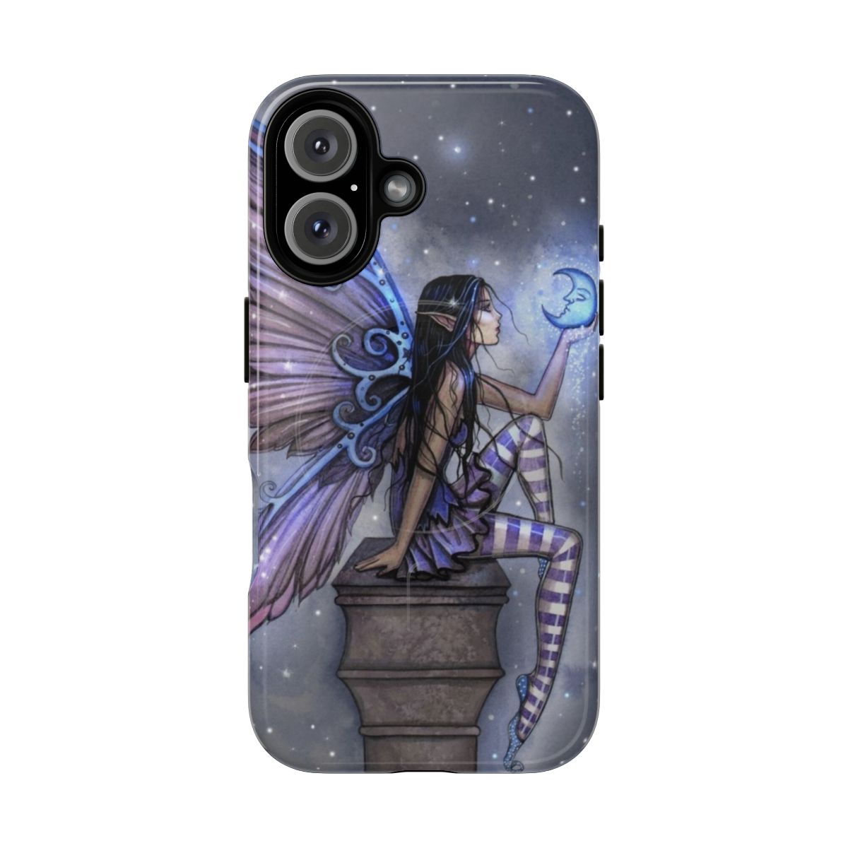 Magnetic phone case featuring a whimsical fairy fantasy art design by artist Molly Harrison, with a blue moon, stars, and purple accents.