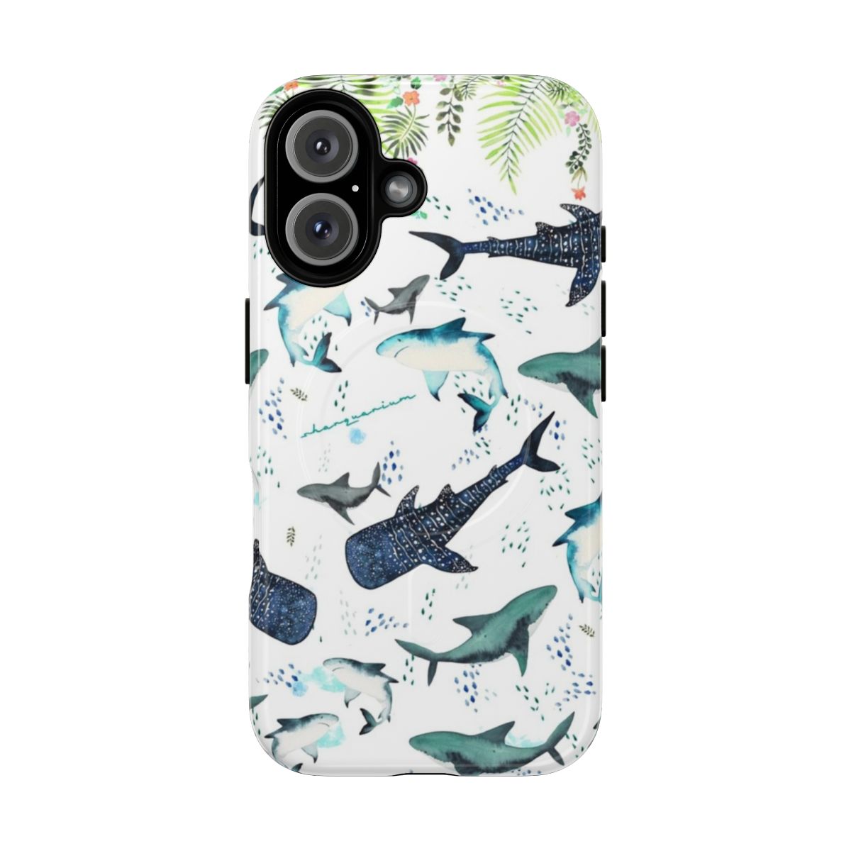 Closeup of a phone case featuring a colorful floral and shark design in an underwater scene.