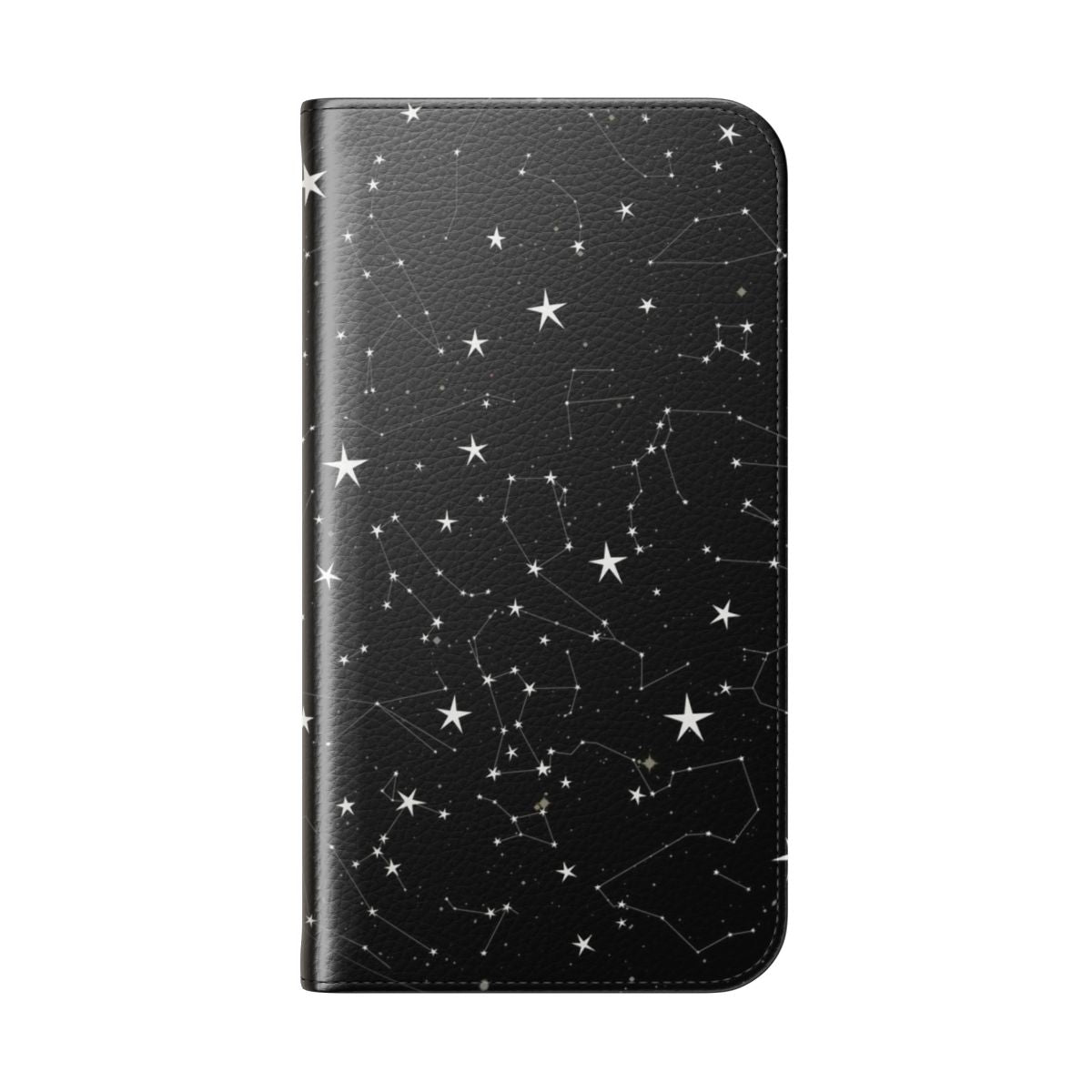 A black and white phone case with a graphic design featuring a cosmic constellation pattern. - Folded Back